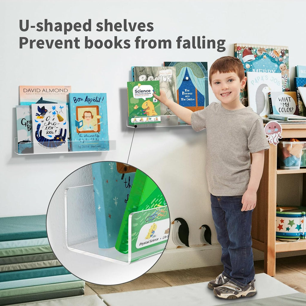 16. Inch Acrylic Floating Bookshelves, Pack, Clear Modern Wall Shelves for Child/Toddler, Invisible Ledge Book