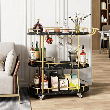 Modern 3-Tier Bar Cart with Wine Rack & Glass Holder | Rolling Serving Cart , Dining, Living Room, Black Marble