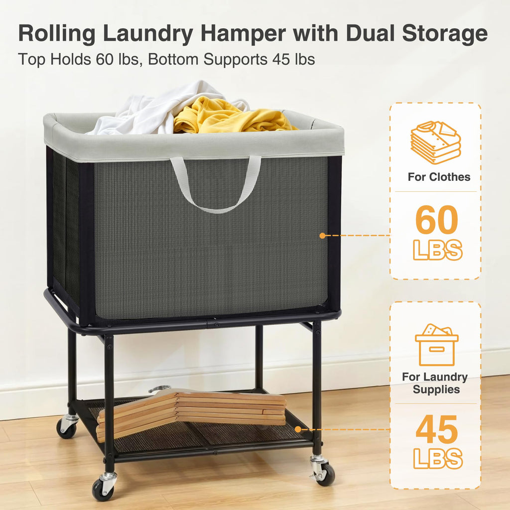 Rolling Laundry Hamper with Lockable Wheels, 29-Gallon (110L) Laundry Cart with Removable Canvas Bag, 2-Tier Clothes