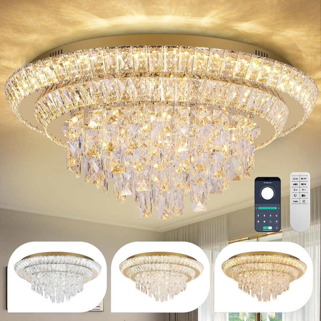 24 inch Flush Mount Crystal Chandelierse with Remote and APP Gold, Modern Elegant LED Crystal Raindrop Ceiling Light