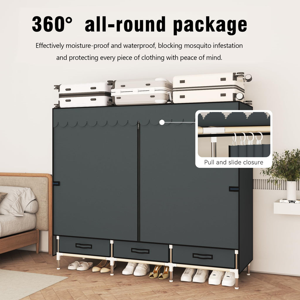 Portable Closet Wardrobe with 3 Storage compartments,3 Hanging Rods and 3 Drawers itory.