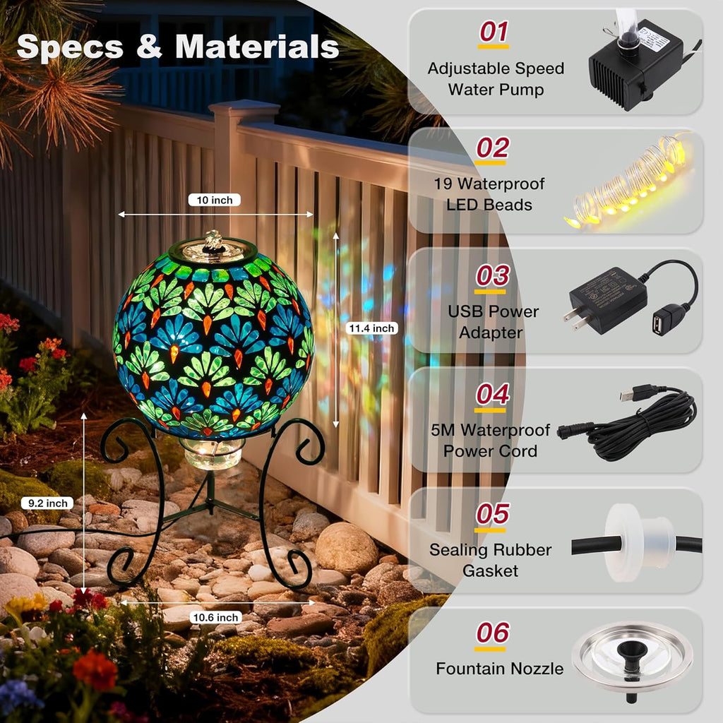 Mosaic Glass Fountain, Floor-Standing Lighted Water Feature with Quiet Pump, Indoor/Outdoor Decorative Accent Lighting
