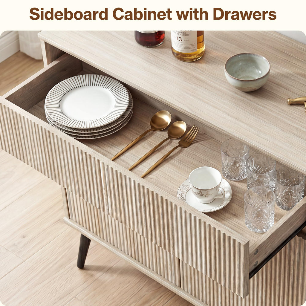 31" Small Fluted Sideboard Buffet Cabinet, Light Oak.