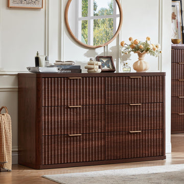 Fluted 6 Drawers Dresser, 48" Wide Farmhouse Chest of Drawers with Metal Handle, Curved Profile Modern Closet