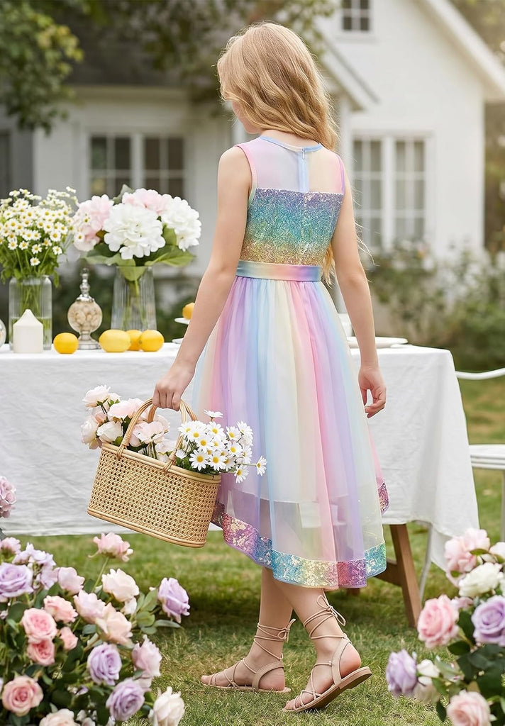 Girls Sequin Party Formal Dress Wedding Guest Sparkle Fancy Birthday Tulle High Low Prom Dresses
