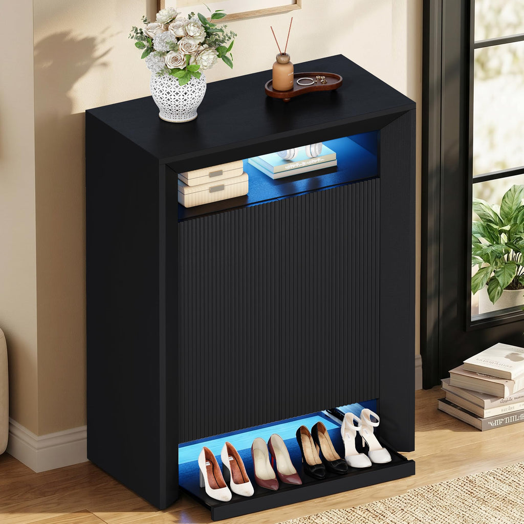 LED Shoe Cabinet w/App & Music Sync, Modern Shoe Storage Rack with Adjustable Shelves & Pull-Out Drawer, Entryway