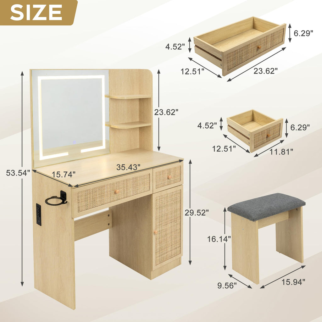 Rattan Vanity Desk with LED Lighted Mirror and Stool