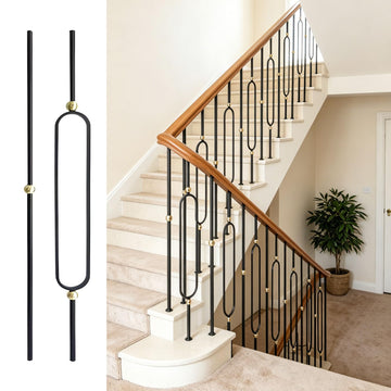 Round 5/8" * 44" Wrought Iron Balusters for Indoor Stair Railing (5 Pcs Oval Design with Brass Ball + 5 Pcs Plain
