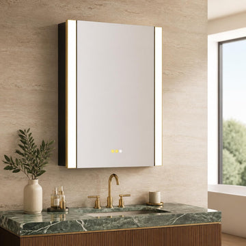 LED Medicine Cabinet with Light, 24x36 in, Gold Frame, Defogging, Adjustable Glass Shelves, Outlet and USB (24x36in)