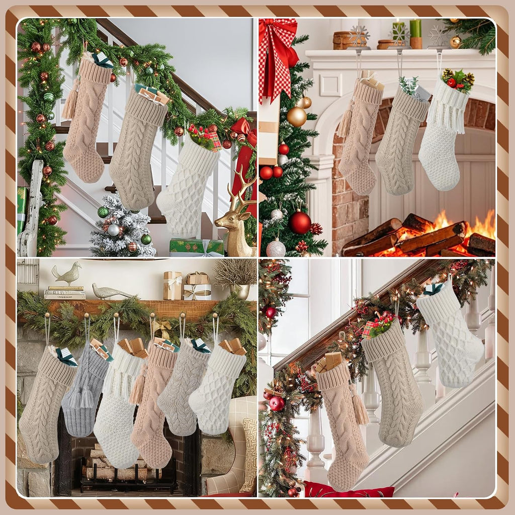 Vintage Knit Christmas Stockings - White Beige Apricot Rustic Boho Farmhouse Cable Knitted Holiday Set - Set of 6