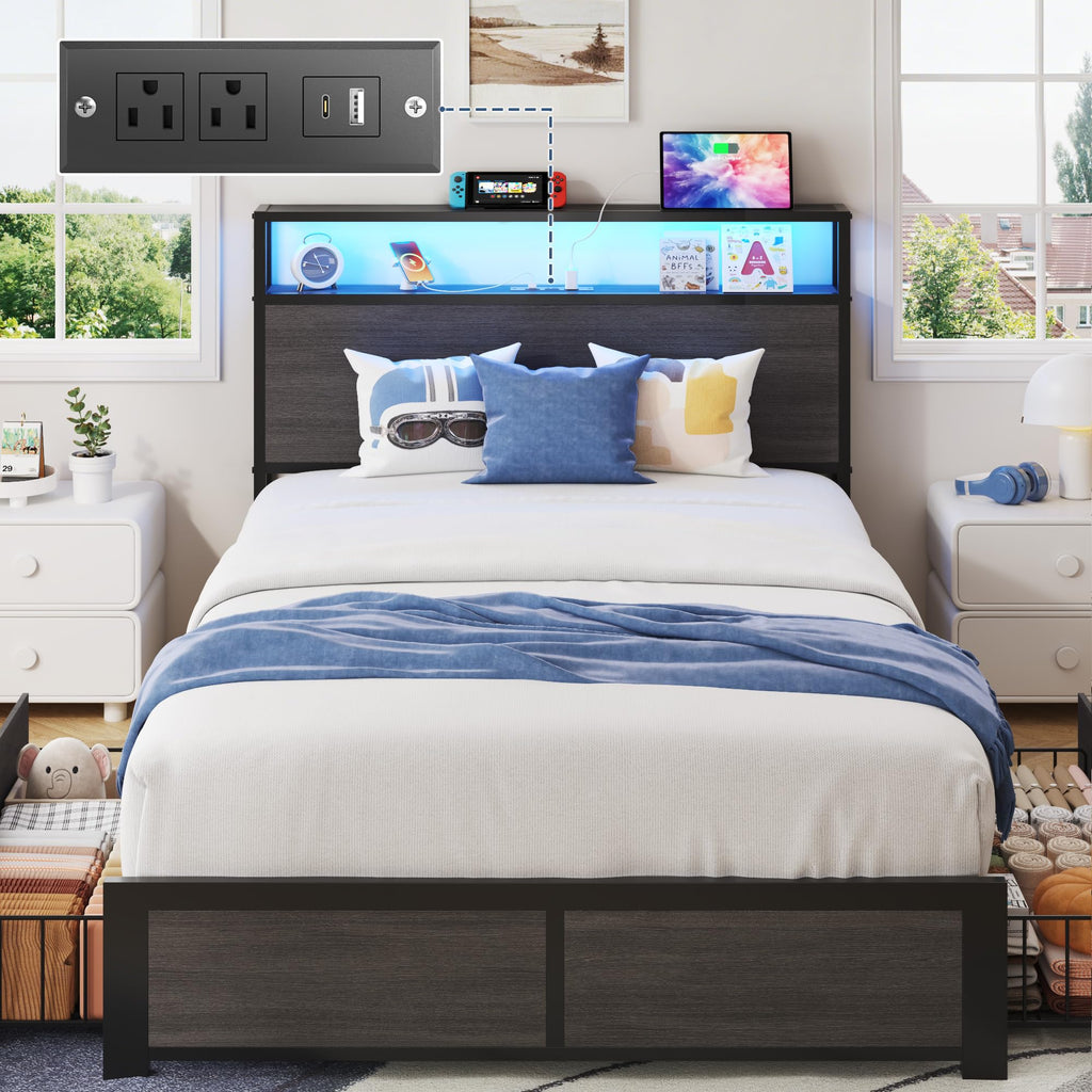 Bed Frame with 2-Tier Storage Headboard, Metal Bed Frame with 2 Storage Drawers, 3-in-1 Charging