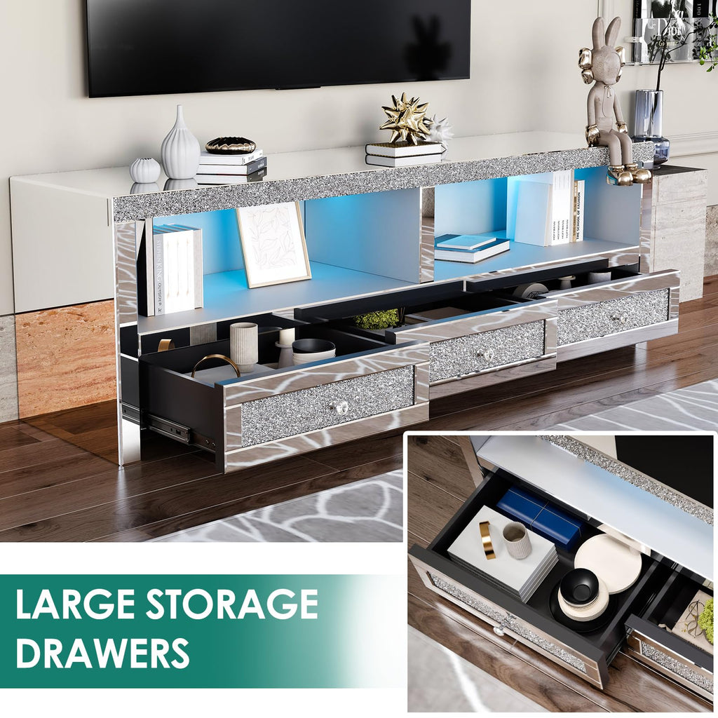Silver Mirrored TV Stand for TVs Up to 65 Inches, LED TV Stand Modern Entertainment Center with Drawers & Open