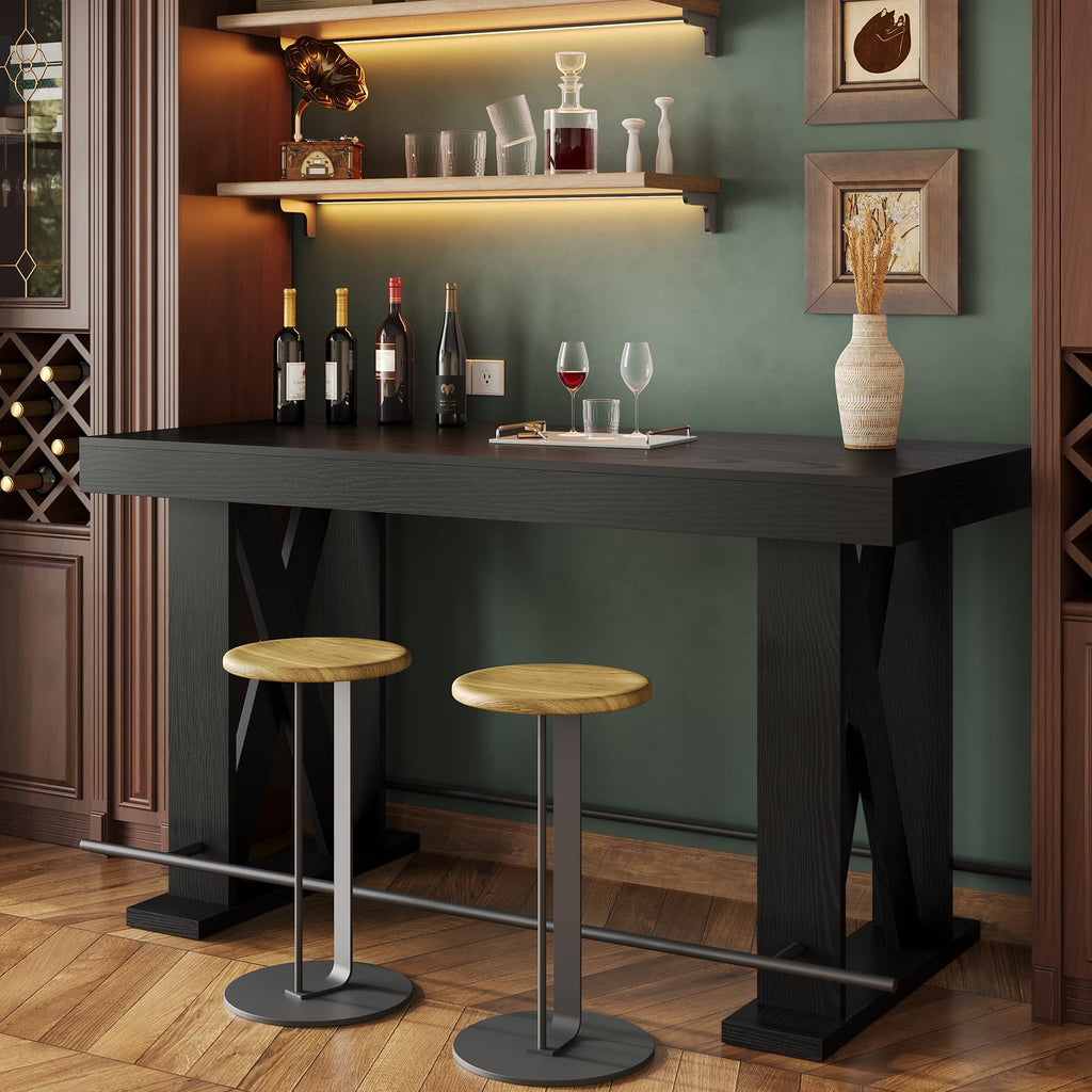 63" Bar Table, Pub Table with Metal Footrest (Black, 1)
