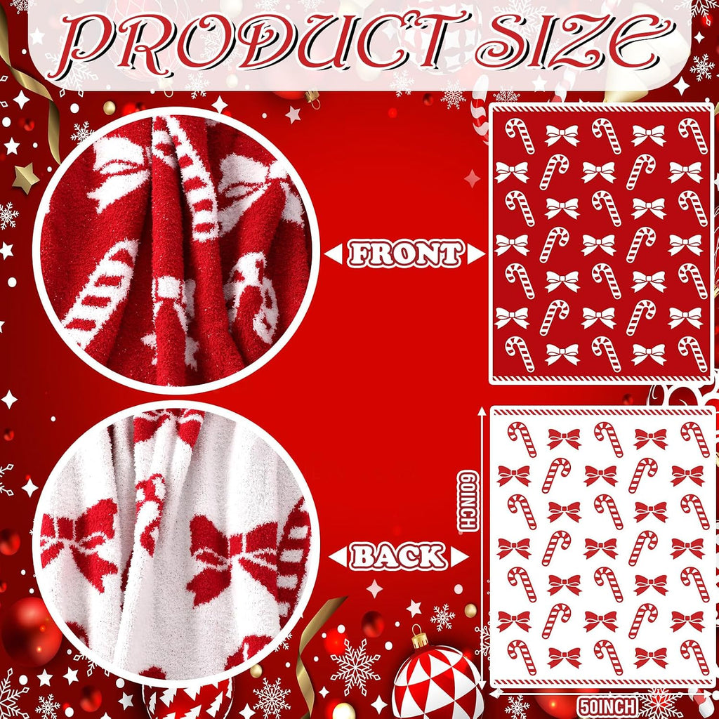 Red Candy Cane Bow Christmas Blanket Knitted Reversible Flannel
