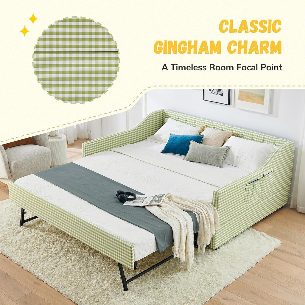 Full to King Daybed with Trundle, 3‐in‐1 Upholstered Full Size Daybed with Button Tufted Backrest, Extendable