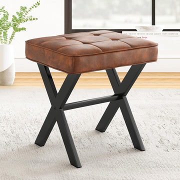 Vanity Stool, Square Faux Leather Makeup Stool with Metal X Legs, Small Ottoman Stool Chair for Vanity, Modern Padded