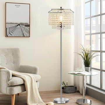 Crystal Floor Lamp, 64" Tall Modern Standing Lamps with Double-Layer Lampshade, On-Off Foot Switch, Silver Finish