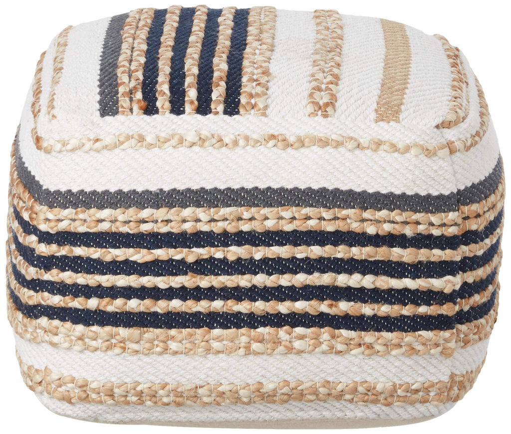 LR Home Natural/Navy Blue/White Square Ottoman Pouf Decor | Striped Hand-Woven Jute Cotton Blend Square Pouf Ottoman