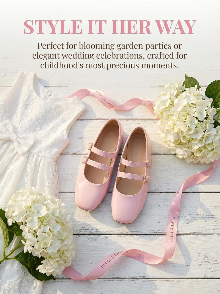 Girls Mary Jane Dress Shoes Square Toe Double Strap Flower Girl Wedding Party Ballet Flats for Toddler/Little/Big Kids