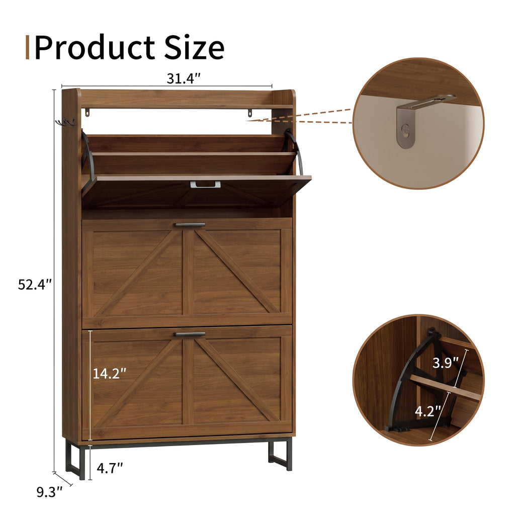 Shoe Storage Cabinet with 3 Flip Drawers, Entryway Shoe Rack, Walnut