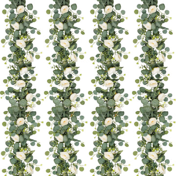 Artificial Eucalyptus Flower Garland with White Roses - Set of 4