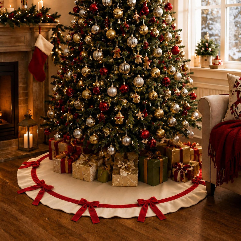 Christmas Tree Skirt Velvet 48'' with Red Bow Christmas Decoration
