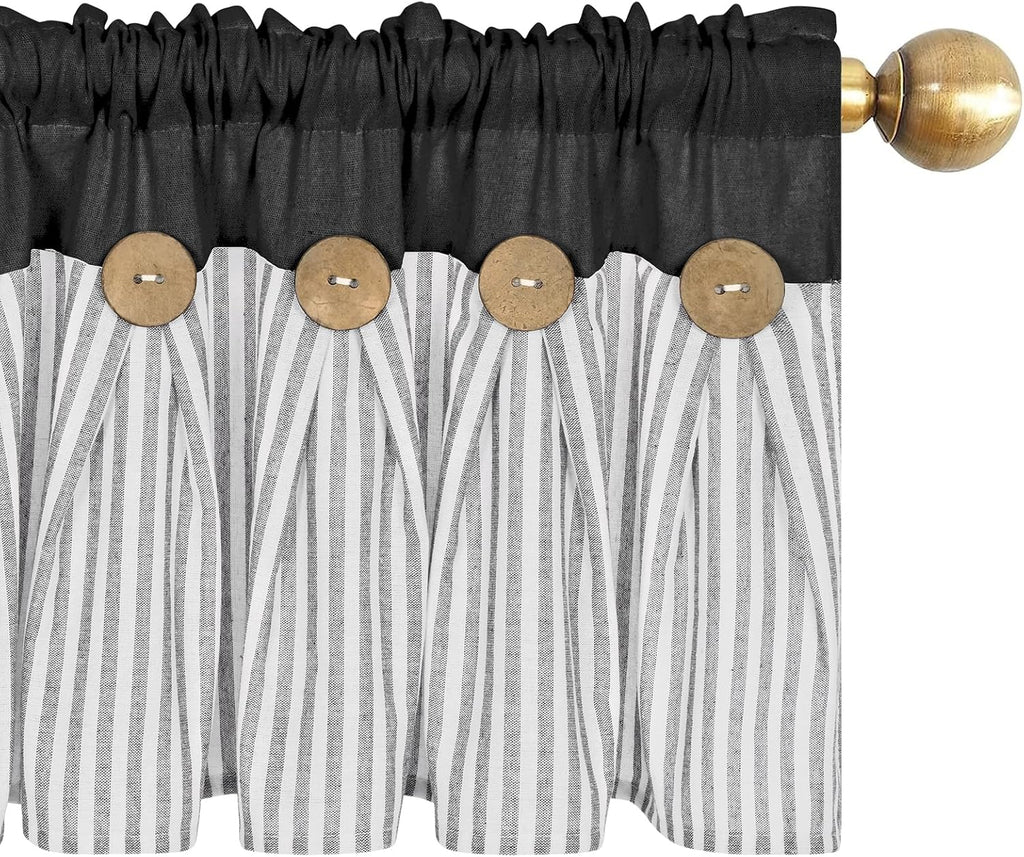 Cotton Linen Kitchen Valance Curtains, Boho Rustic Button Linen Valances for Windows Farmhouse, Black with Grey