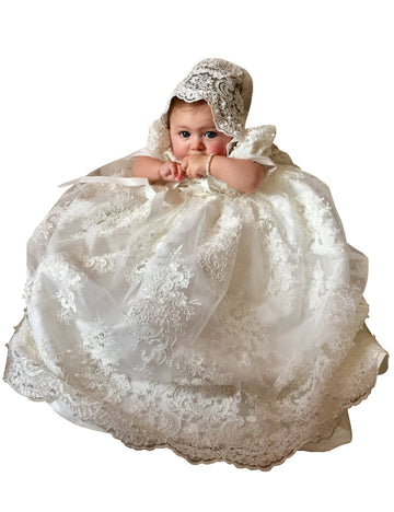 Ivory Baptism Dress Beading Lace Long Christening Gowns for Girls with Bonnet Newborn