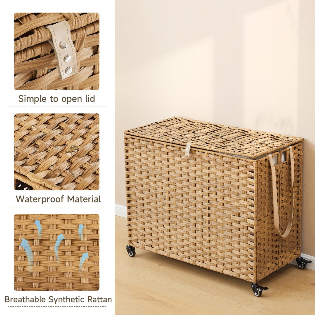 Laundry Hamper with Wheels, 52.8 Gallon(200L) Rolling Laundry Basket with Lid, 3-Section Rattan Clothes Hamper with 3