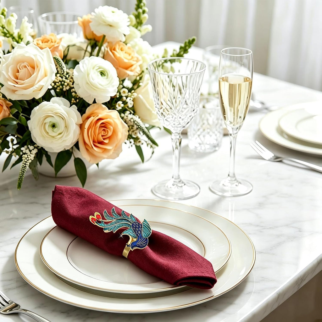 Peacock Napkin Rings Colorful Bird Napkin Holders for Fall Gatherings Christmas New Year Party Decor,Noble - Set of 6