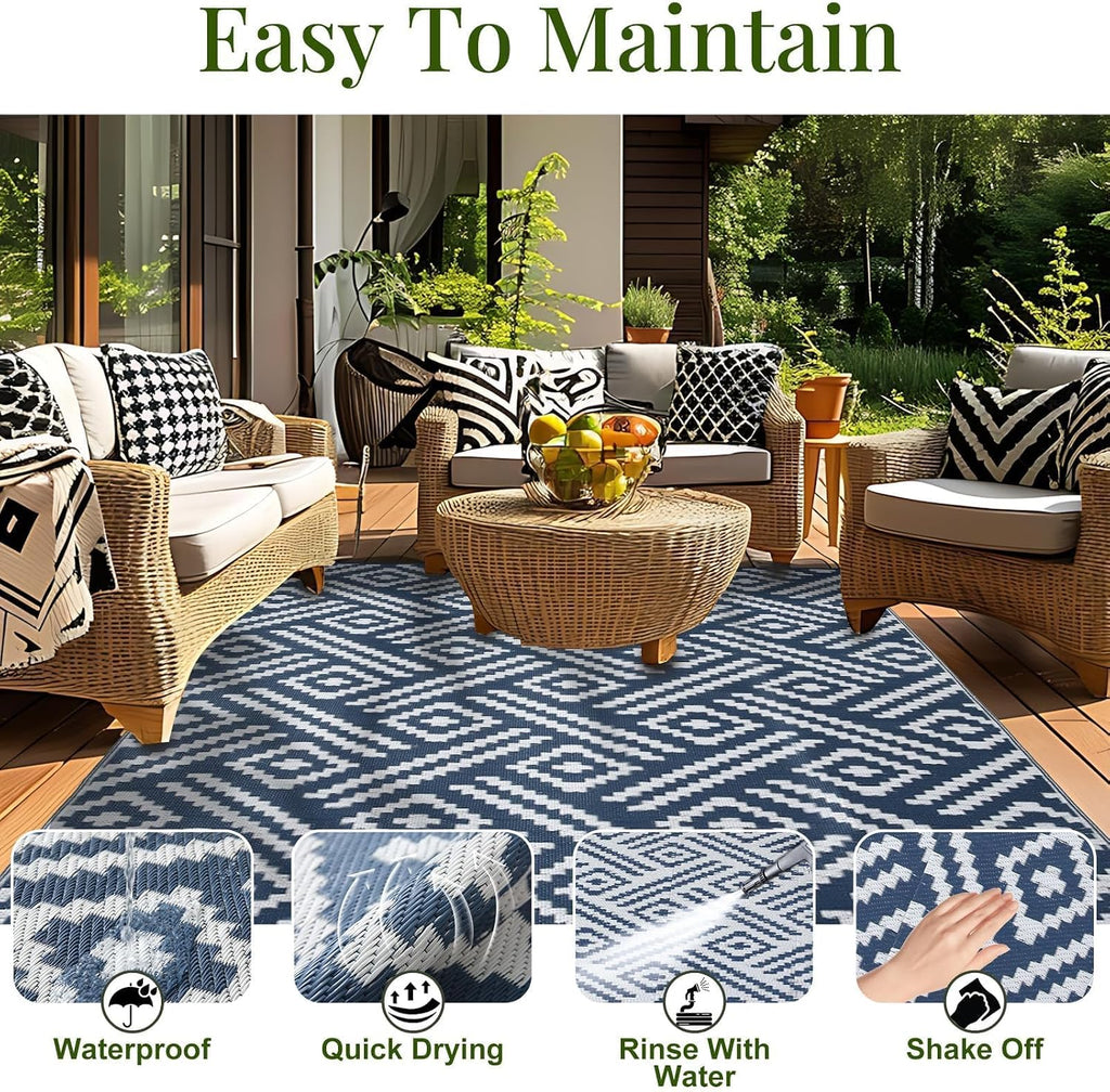 Outdoor Rug 9x12, Plastic Straw Rug, Navy & White