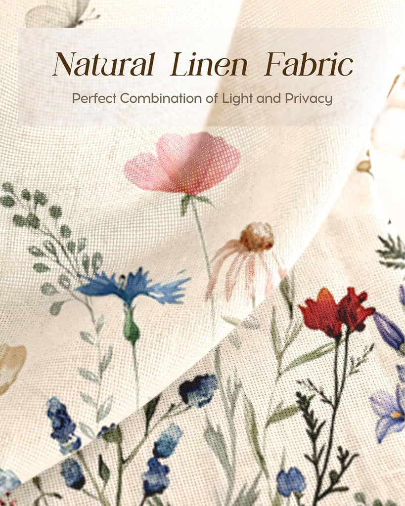 Floral Kitchen Tier Curtains - 24 Inch Length Linen Blend Farmhouse Cafe Curtains Vintage Small Window Treatments