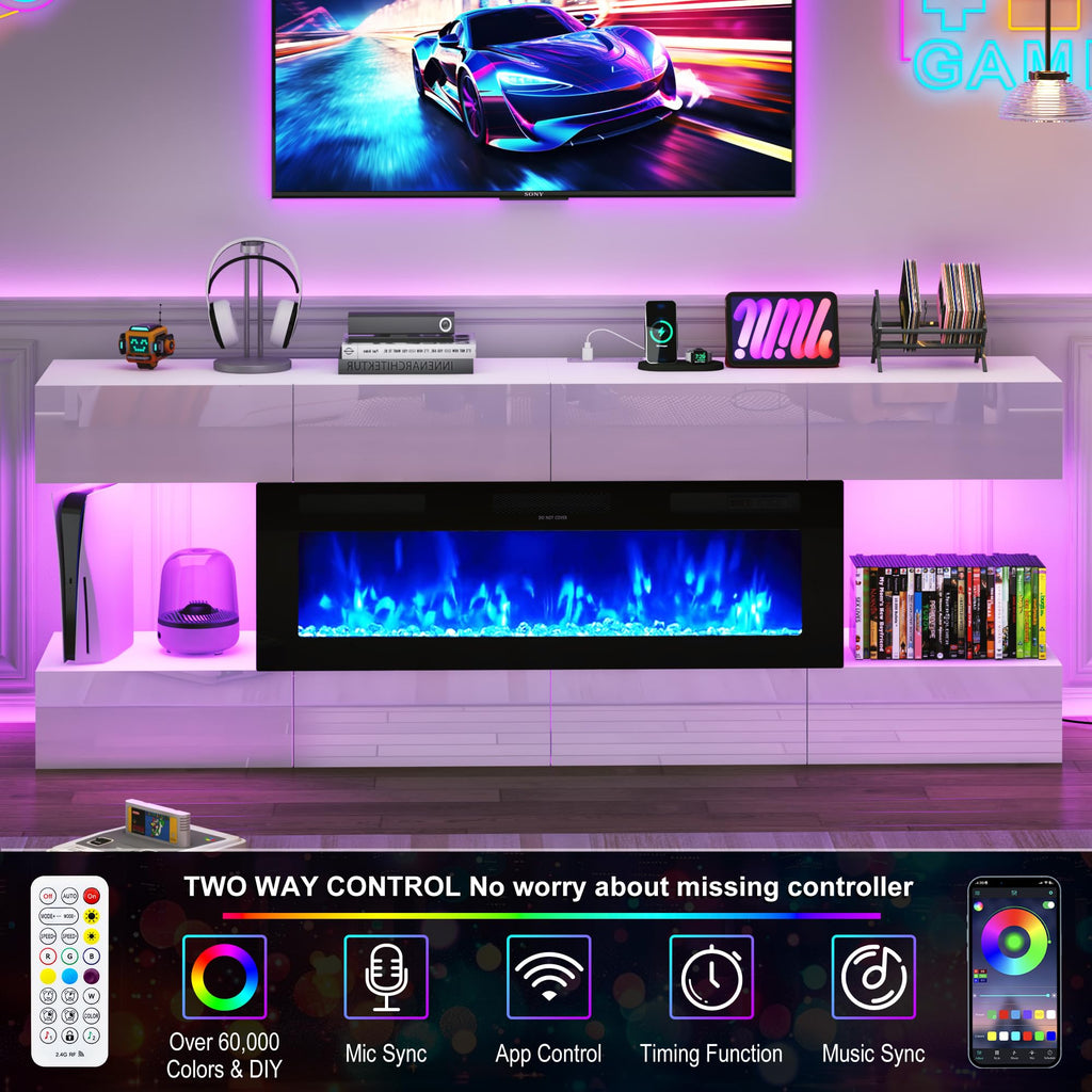 82" Fireplace TV Stand, LED Entertainment Center with 8 Drawer for 90" TVs