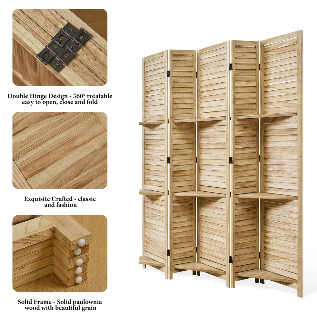 Partition Room Dividers, Folding Wood Privacy Screen with Three Display Shelves Suitable, Study, Art Display - 5