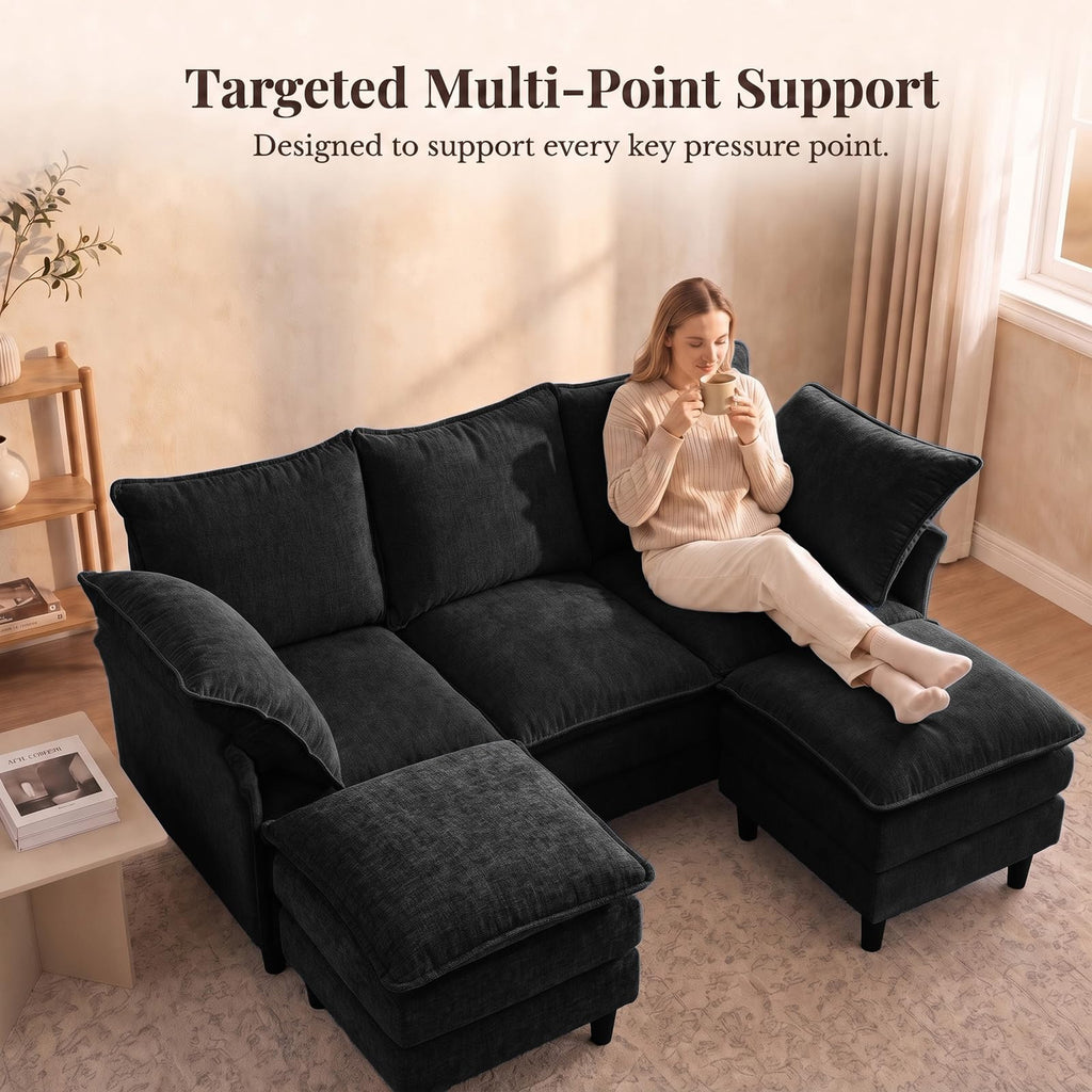 69" Small U-Shaped 4-Seat Convertible Sectional Sofa Couch, Chenille, Black