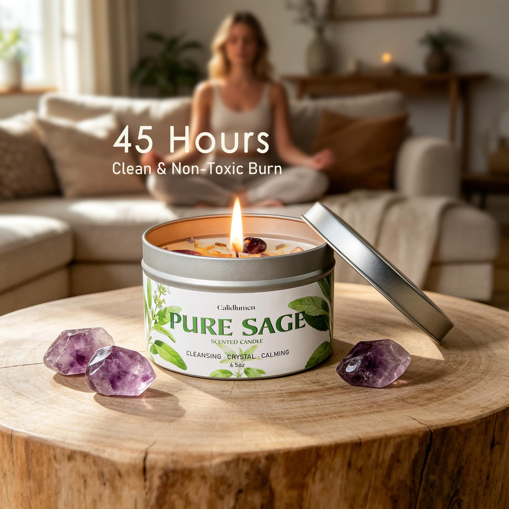 Pure Sage Candle for Cleansing - 2Pc Soy Scented Candle with Crystals & Sage Leaves Inside, House Negative Energy