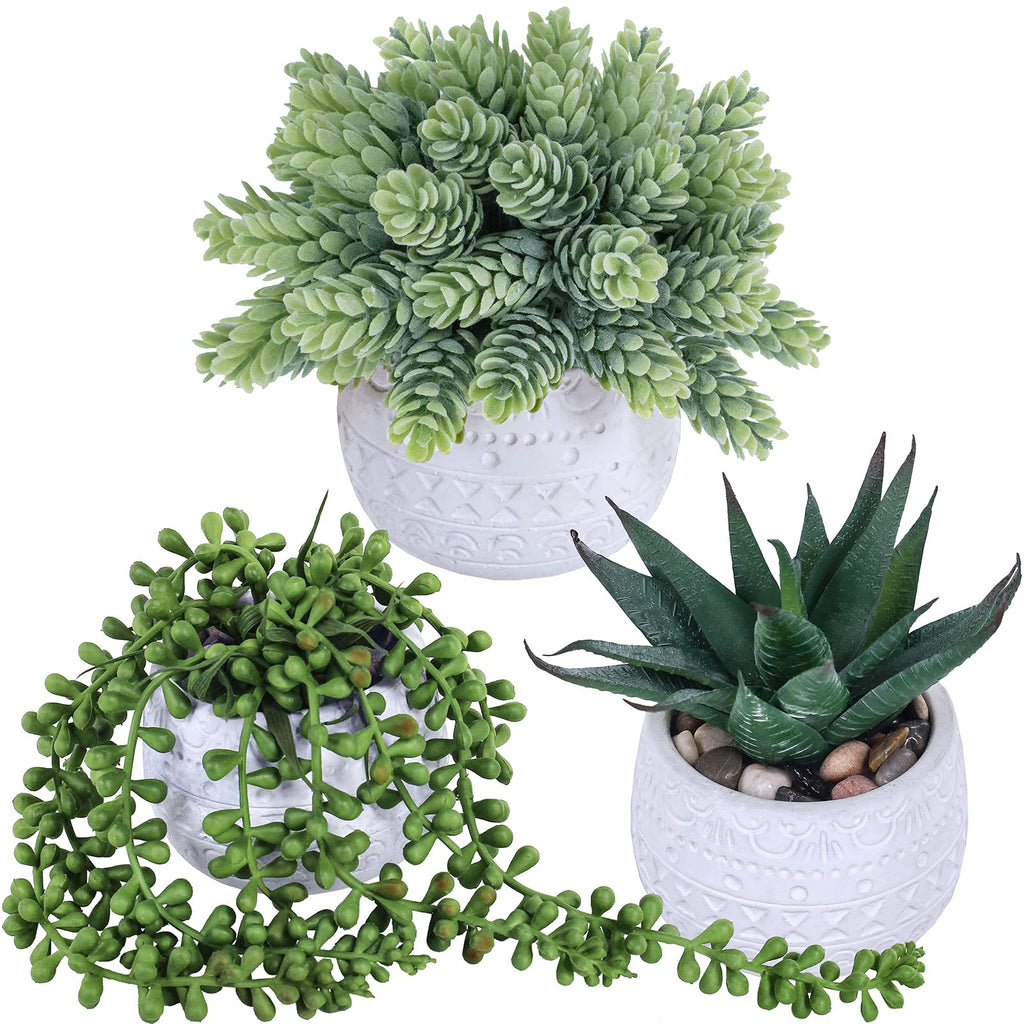 3 Pcs Assorted Small Potted Succulent Plants Artificial Aloe Hanging Succulent in White Geometric Concrete Ceramic