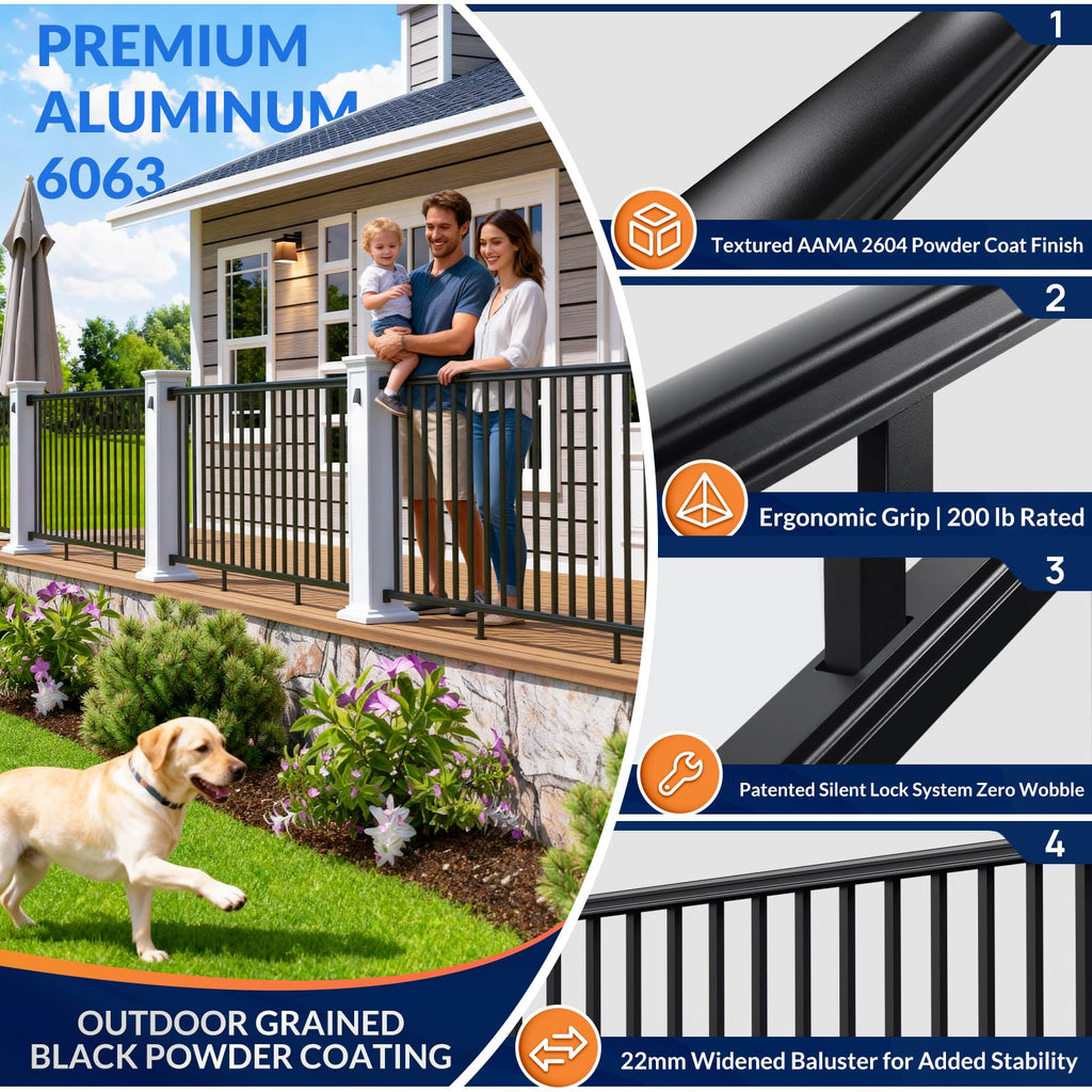 4 Pack 42 in x 8 ft Aluminum Porch and Deck Railing Kit Without Post