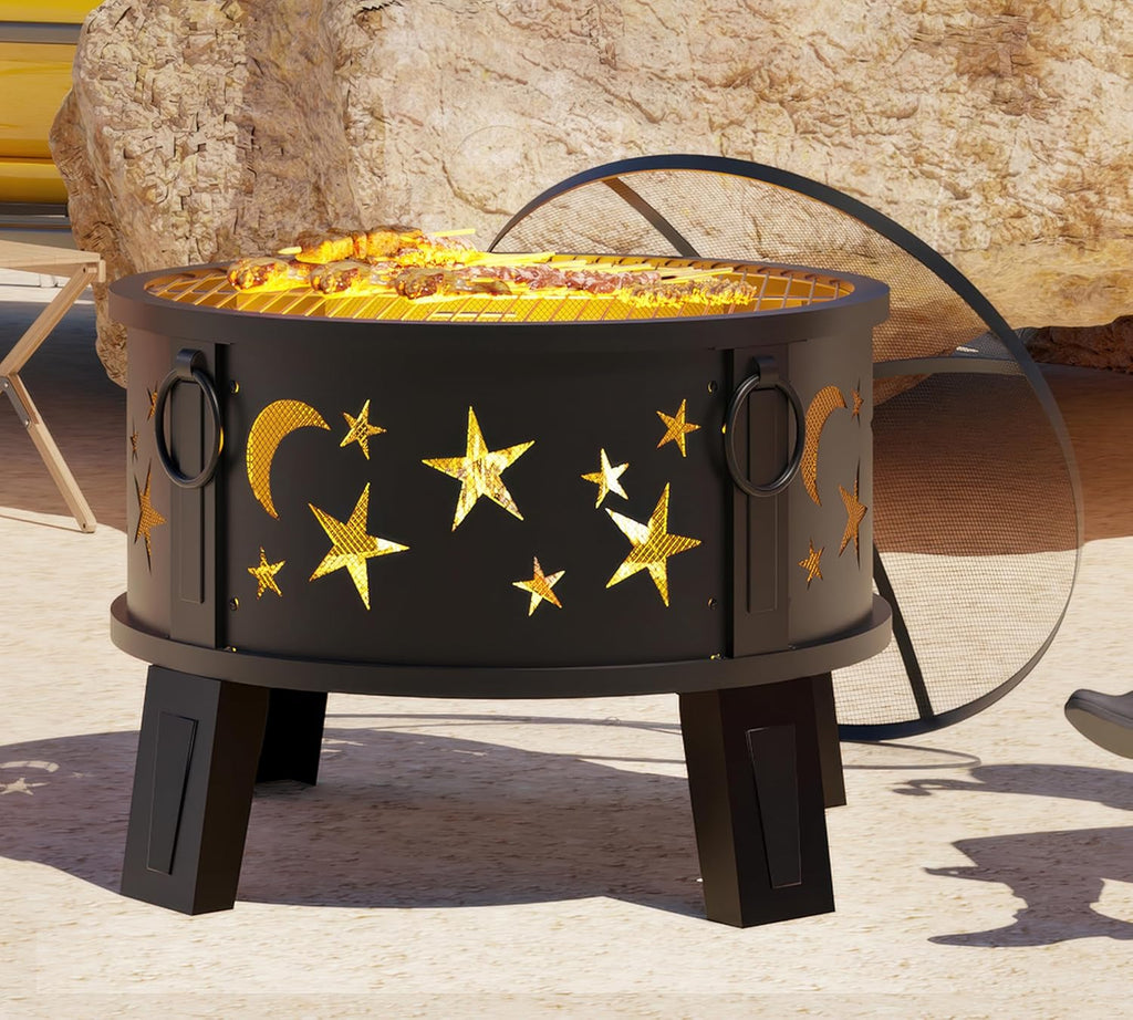 26" Outdoor Fire Pit with Grill & Mesh Cover, Wood Burning Steel Firepit with Poker & Star Spark Screen, Heavy Duty Patio Fire Bowl for Backyard - Image 2