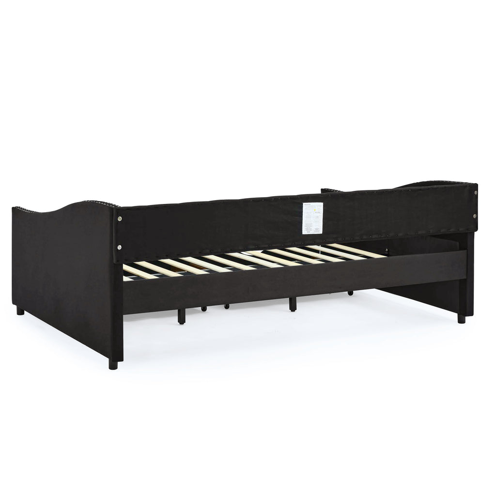 Full Daybed Frame with Two Storage Drawers, Modern Upholstered Button Tufted Day Bed w/Nailhead Trim and Wood Slat