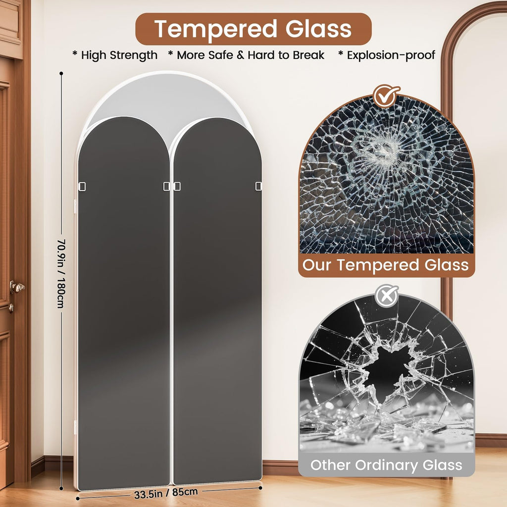 3 Way Arched Full Length Mirror Free Standing, 71"x 67" Large Modern Trifold Mirror with 3 Panel Tempered Glass &