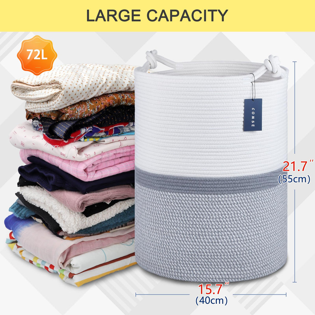Tall Woven Blanket & Laundry Basket, 72L, Blend White & Gray