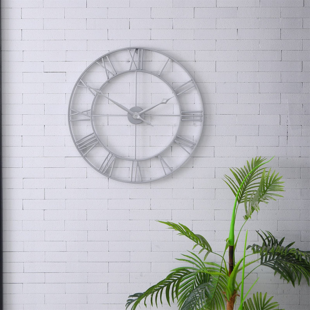 Large 30 Inch Wall Clock Decor, Silver Roman Numeral
