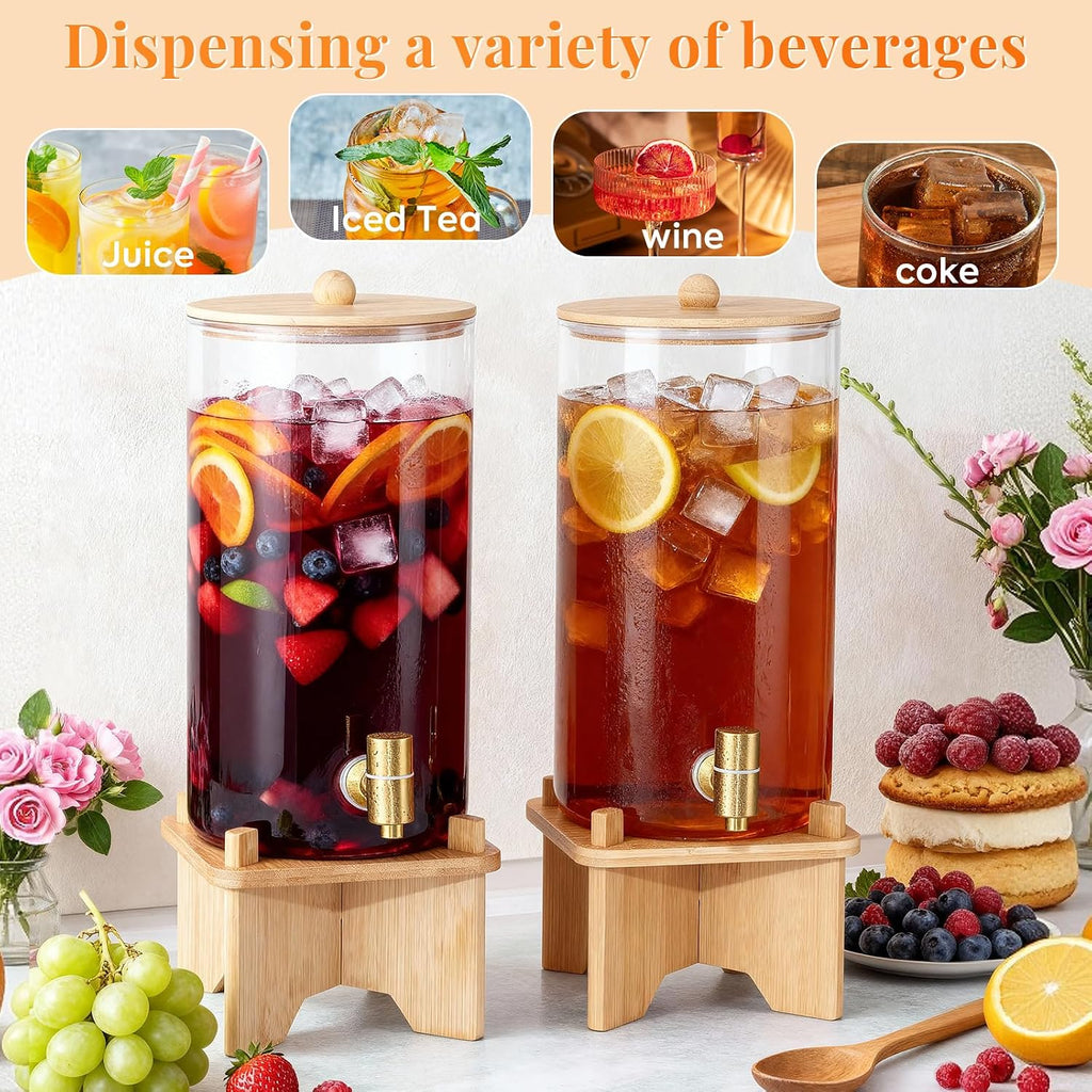 1.5 Gallon Drink Dispenser: 2P Glass Dispenser w/Bamboo Stand - Set of 2