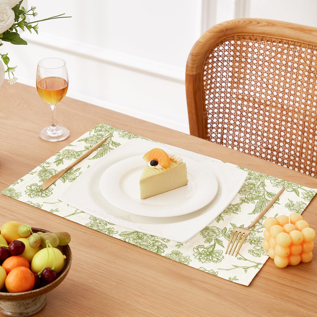 Boho Table Placemats Set of 6, 12"x18" Linen Place Mats, Green Blooms