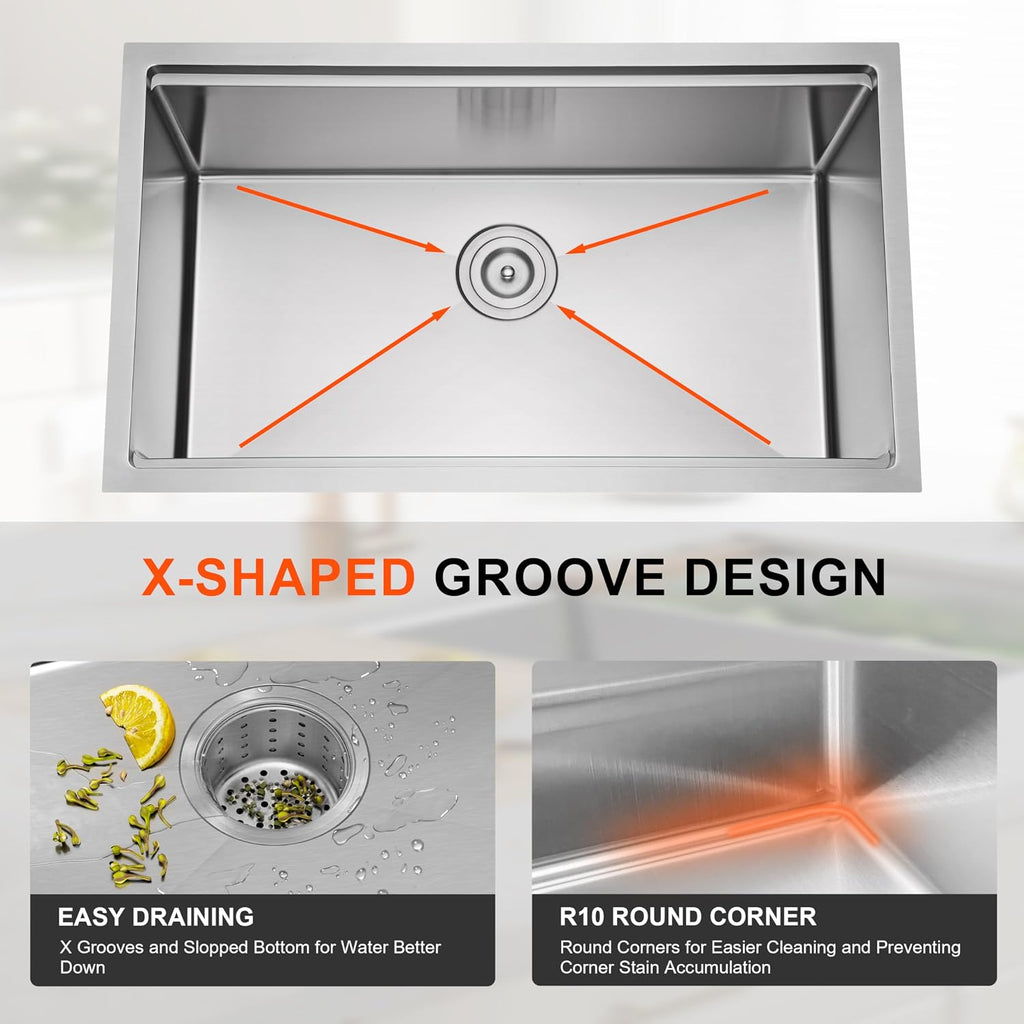 32 Inch Workstation Undermount Handmade Single Bowl Kitchen Sink | 304 Stainless Steel, 16 Gauge Thickness, Ledge for