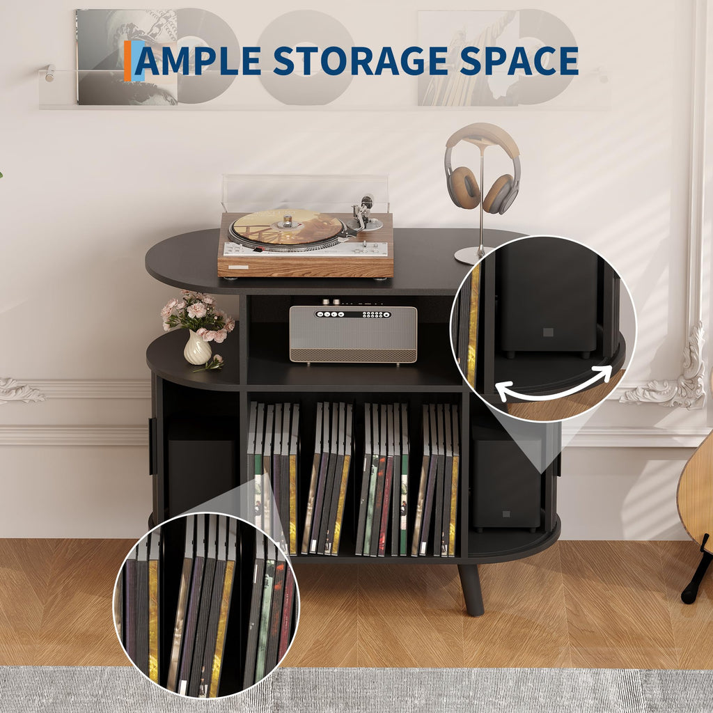 35'' Fluted Mid Century Modern Turntable Cabinet, Large Round Record Player Stand with Charging Station and Display
