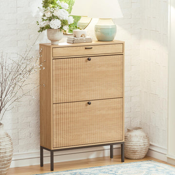 Shoe Cabinet with Fluted Panel Doors, Modern 2 Flip Drawer Entryway Shoe Organizer, Hidden Shoe Rack with Small
