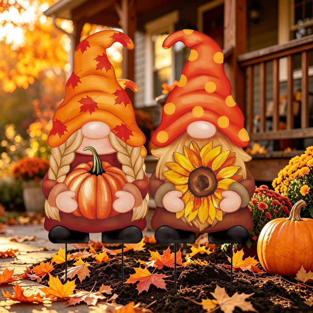 2Pcs Metal Gnomes Decorative Garden Stakes Pumpkin Sunflower Fall Thanksgiving Yard Signs Outdoor Decorations for