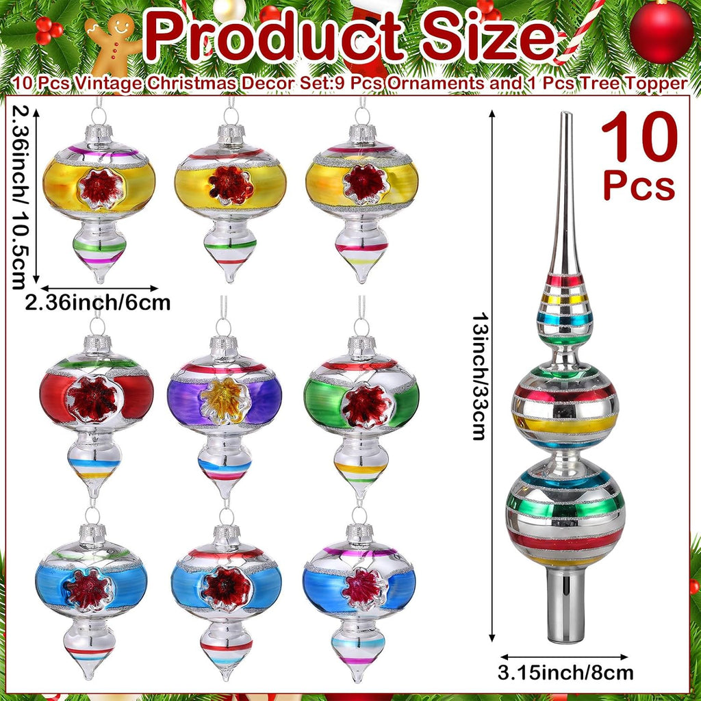 Retro Christmas Glass Treetop Ornament, Finial, Bright Color - Set of 10